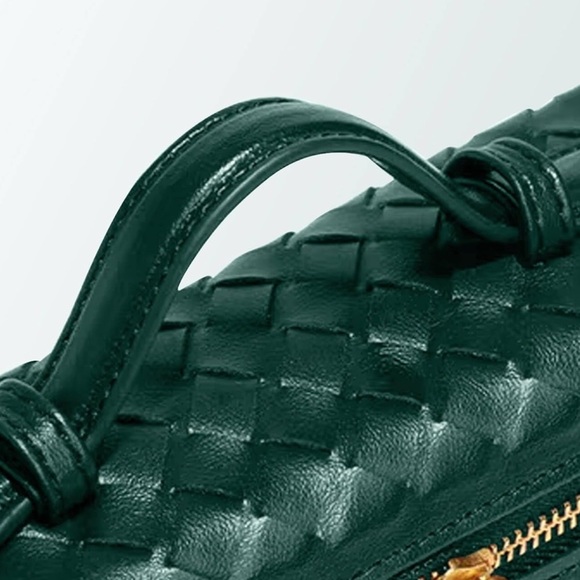 Hunter green woven leather designer look crossbody bag, top handle gold hardware - Picture 3 of 4